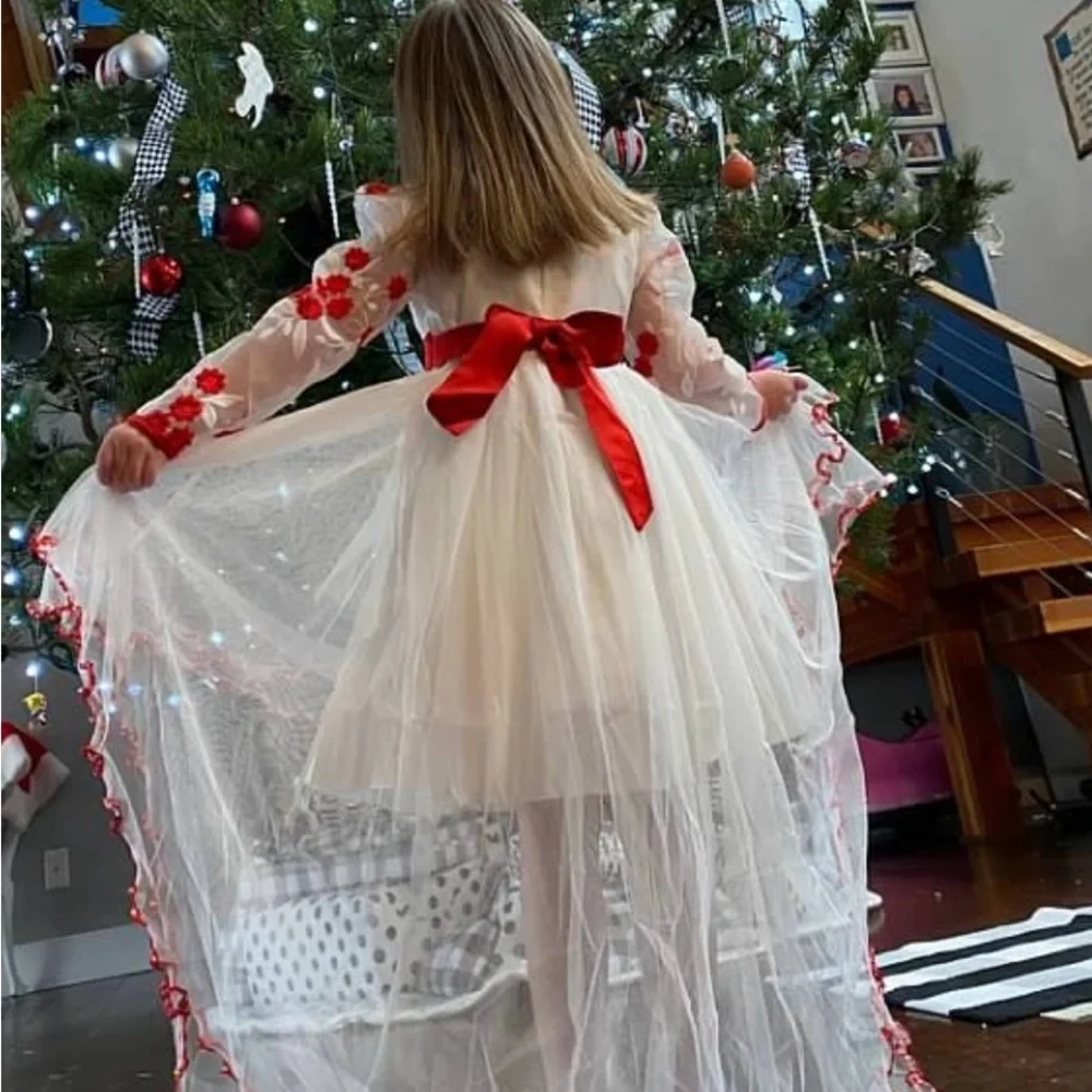 Elegant Kids Dress with Red Floral Accents